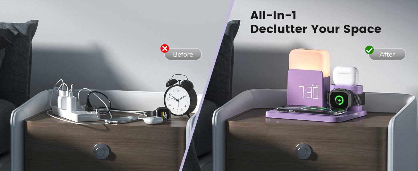 Wireless Charging Station, 7 in 1 Wireless Charger Stand with Alarm Clock