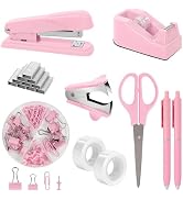 SKYDUE Pink Office Desk Accessories, Pink Office Supplies, Stapler, Tape Dispenser, Scissors, Cli...