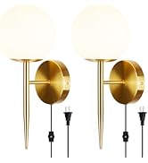 Rosient Mid-Century Wall Sconce Plug in, Gold Sconces Wall Decor Set of 2, Corded Sconce with Glo...