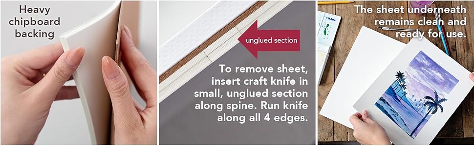 Art pad has heavy chipboard. Insert craft knife in unglued section, run around edge watercolor block