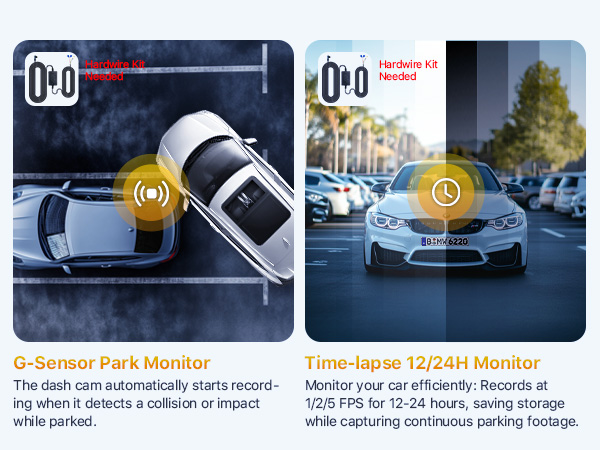 Dual-panel image of car parking features. Left shows G-Sensor collision detection. Right displays time-lapse recording for 12/24H periods.