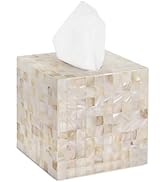PEMAR Decorative Tissue Box Cover, 5.5” Cube Wooden Tissue Holder with Mother of Pearl Inlay, Far...