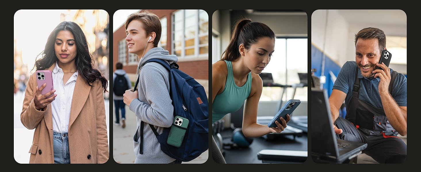 Lifestyle images showing commuter case at the gym, on campus and in the office