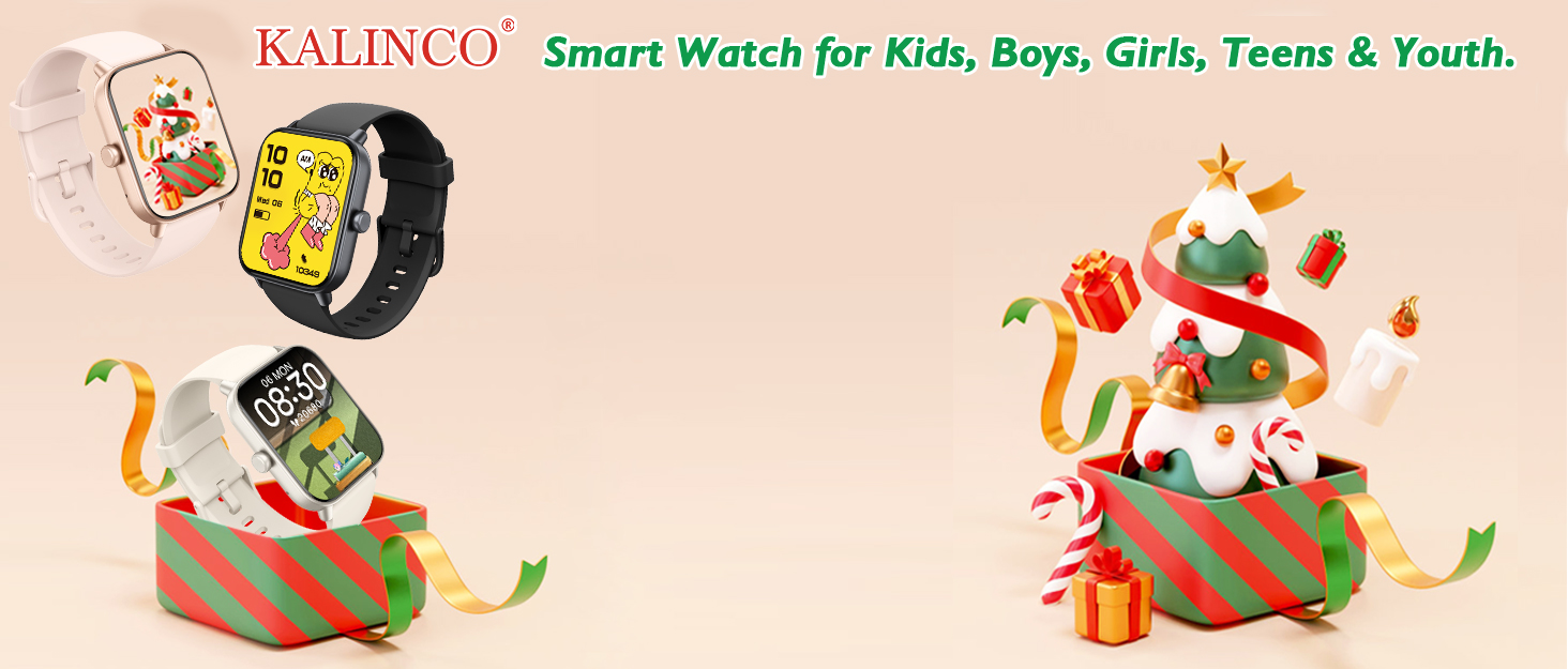 KALINCO smartwatch for kids. Colorful design with multiple watch faces displayed. Christmas-themed graphics with gift boxes and decorations.