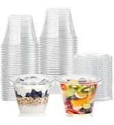 CenYouful 9 oz Clear Plastic Cups with Flat Lids No Hole, 50 Packs, Disposable Dessert Cups with ...