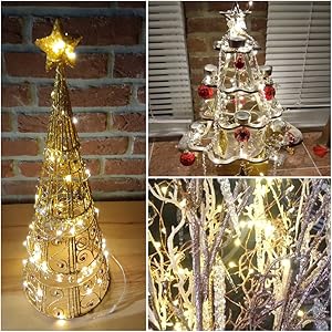 Decorative gold wire Christmas tree with warm LED lights, shown in multiple views including with red ornaments and close-up of light details.
