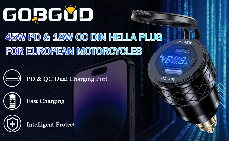 GOBGOD DIN Hella Plug to USB Charger, 45W USB-C PD3.0 &amp;amp; 18W QC3.0 USB Outlet for BMW Triumph Ducati