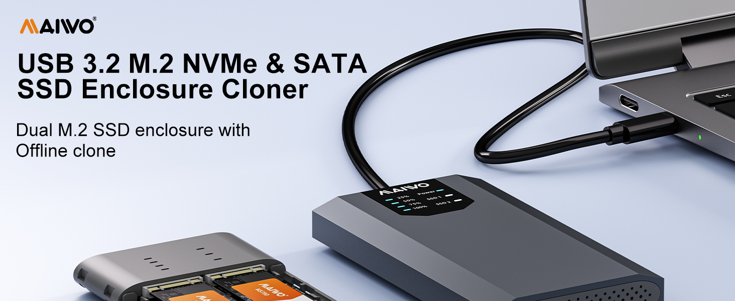 Dual-Bay M.2 SSD Enclosure Cloner for NVMe &amp; SATA