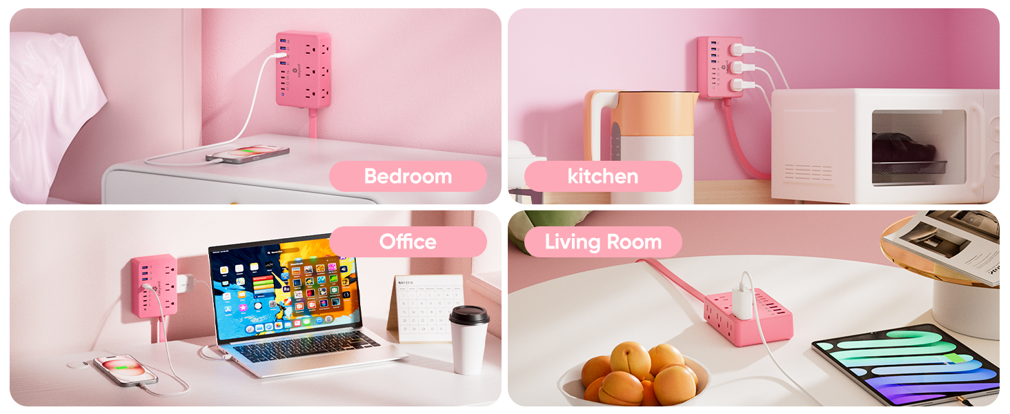 Pink row plug can be applied to bedroom, kitchen, office, living room and other scenes.