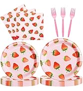 DTDO 96 Pcs Strawberry Tableware Set Disposable Paper Plates Napkins and Forks Fruit Party Decora...