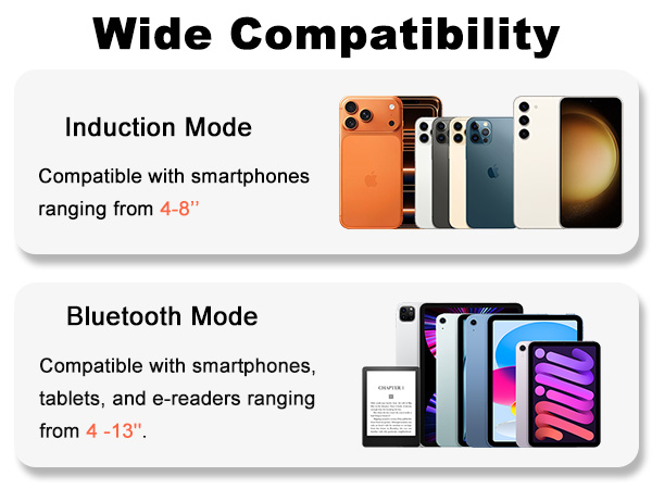 Induction mode for 4-8" phones, Bluetooth 5.3 supports 4-13" tablets &amp; iPads, dual mode speaker.