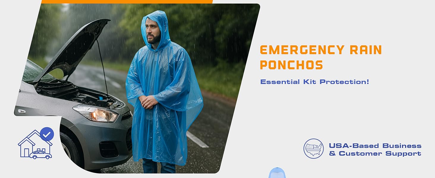 Man in rain poncho beside a broken-down car