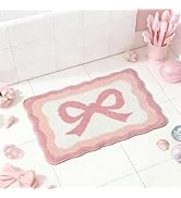 Shovagy Pink Gradient Bow Bath Mat Scalloped Bow Bathroom Rugs Cute Tufted Extra Soft Water Absor...