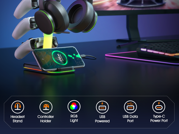 RGB Gaming Headset Stand &amp; Controller Holder with Charging Station