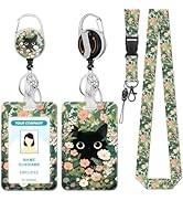 Hancynir Lanyards for Id Badges, Cat Flower Floral Badge Holder with Retractable Reel Clip, Cute ...