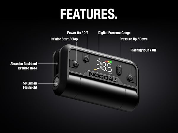 battery powered tire inflator featuring digital pressure gauge auto shutoff 50 lumen led flashlight