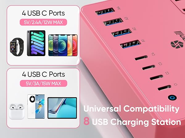 This cute pink charging station delivers up 8 USB ports, 4 USB-C ports can provide 5V/3A.