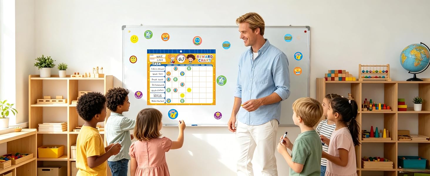 Teacher and students using reward chart in classroom
