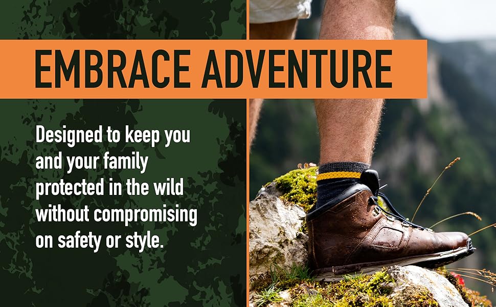 Outdoor hiking boot positioned on mossy rock against mountain backdrop, with orange 'Embrace Adventure' text banner promoting family safety and style in wilderness.