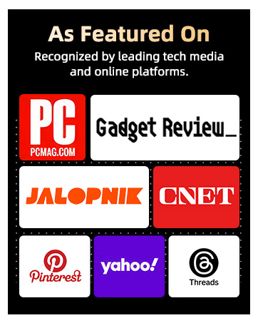 Text reads 'As Featured On' followed by logos of PC Magazine, Gadget Review, Jalopnik, CNET, Pinterest, Yahoo, and other tech media platforms arranged in grid layout.