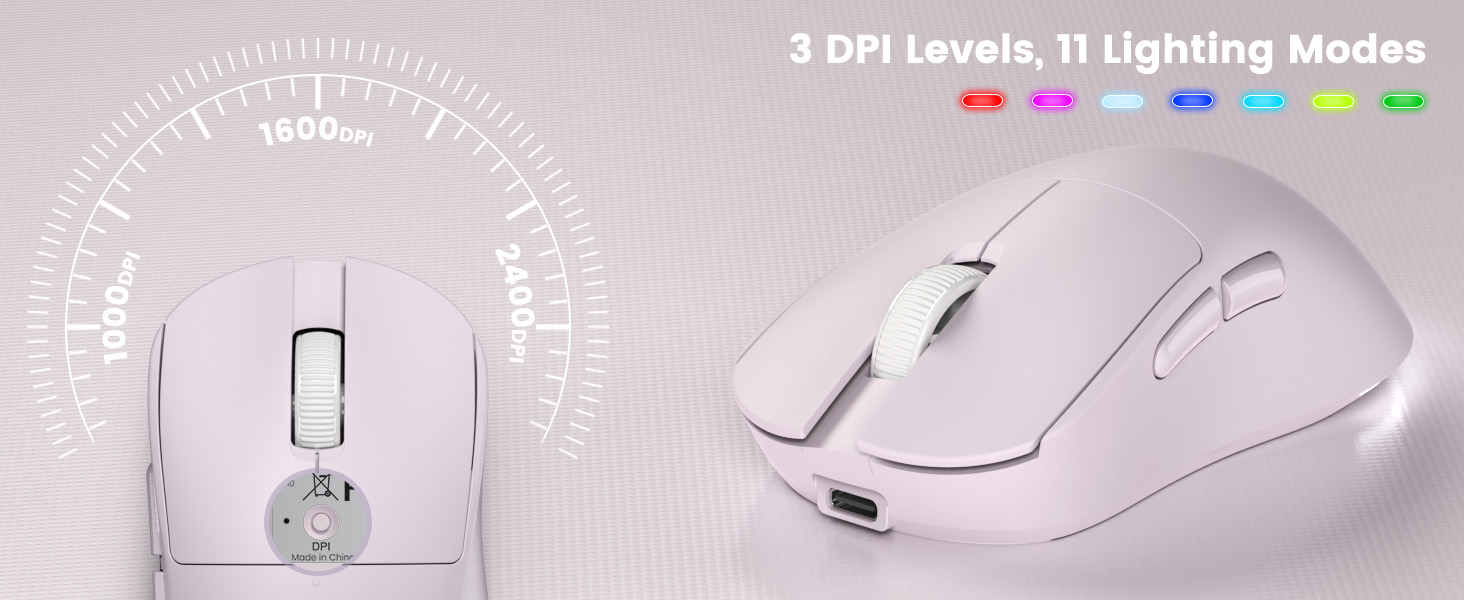 wireless mouse graphic showing 3 DPI settings and 11 RGB lighting modes with side buttons.