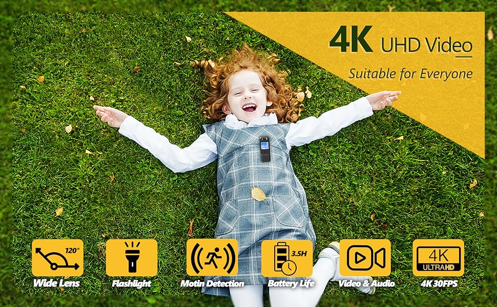 4k mini body camera, one-click recording