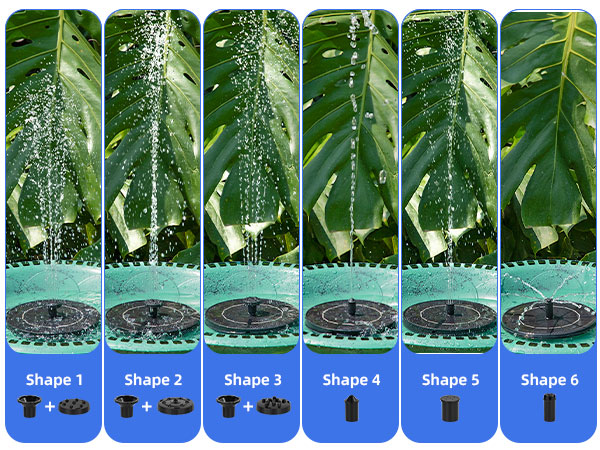 Our solar fountain has six different spray modes