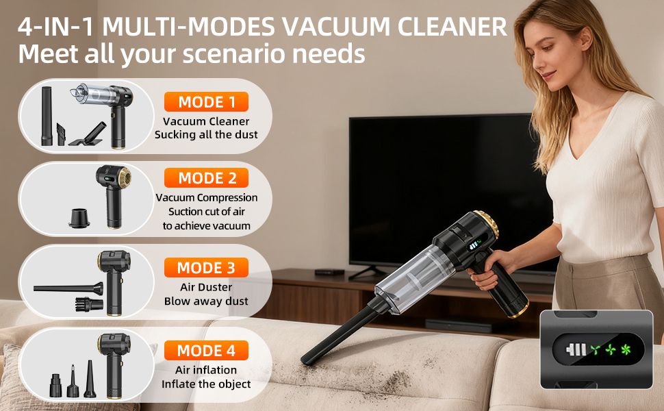 Text reads '4-IN-1 MULTI-MODES VACUUM CLEANER'. Product demonstration showing four different vacuum attachments with orange indicators showing various cleaning modes and uses.