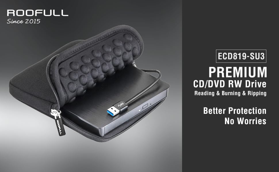 ROOFULL USB 3.0 Type-C External CD DVD RW Drive Burner with Protective carrying case bag