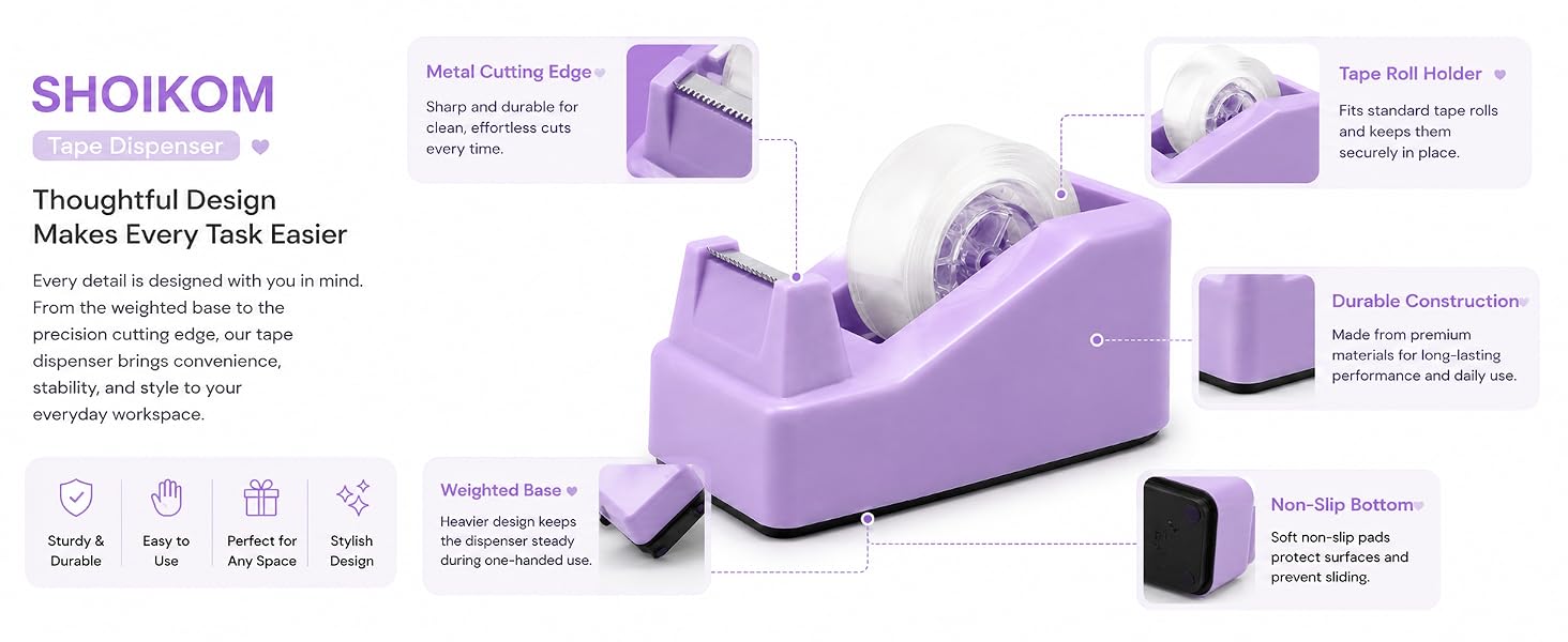 SHOIKOM Cute Tape Dispenser for Desk, Weighted Non-Slip Base
