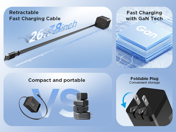 65W Retractable Wall Charger, USB C Charger Block Built-in Type C Cable &amp;amp; Dual Port