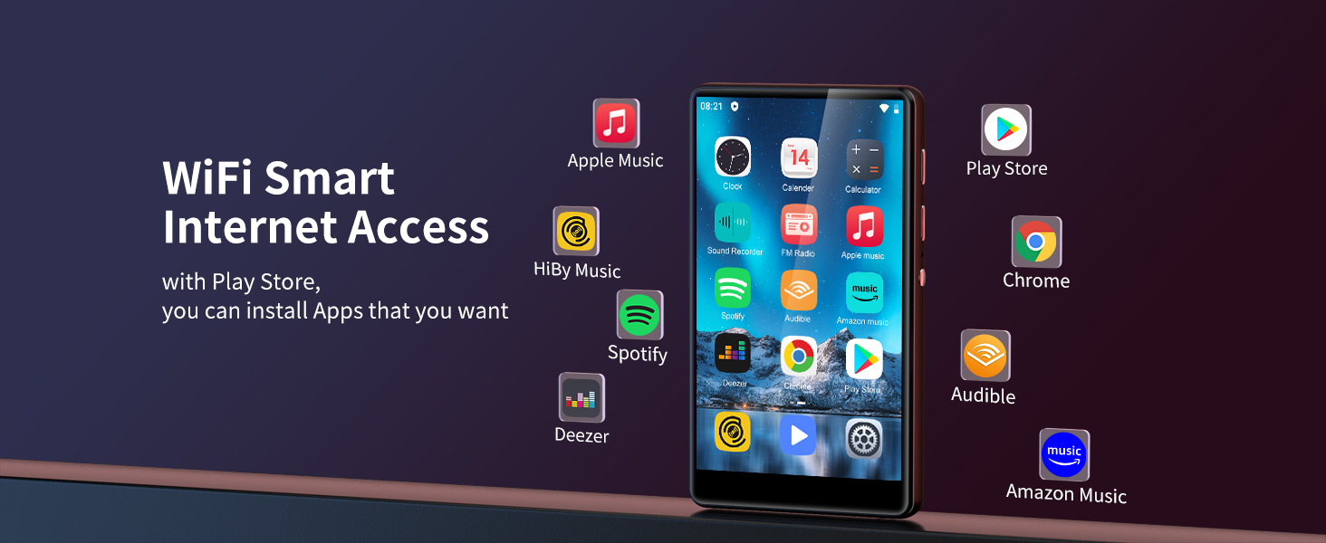 Smartphone with WiFi Smart Internet Access, displaying app icons on screen. Text indicates device can install desired apps with P2P store.