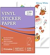 120 Sheets Premium Printable Vinyl Sticker Paper for Inkjet Printer, Glossy White Waterproof, Dri...