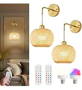 Vitnucrol Battery Operated Wall Sconces Set of 2 with Remote, Rechargeable Boho Rattan Battery Po...
