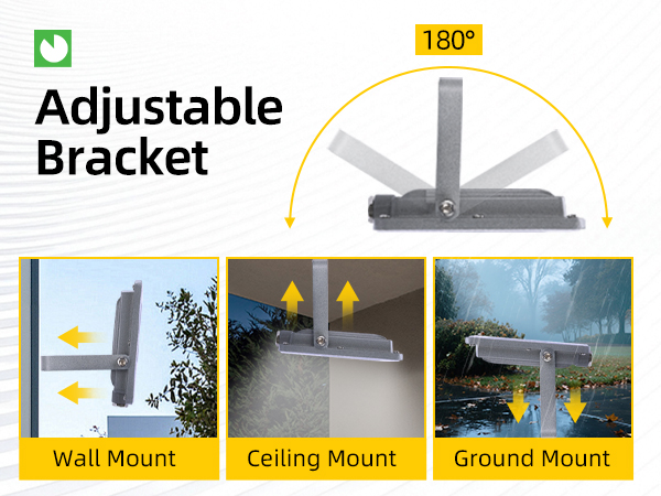 180° adjustable bracket supports wall, ceiling, and ground mounting for flexible lighting.