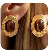 Chunky Gold Brown Statement Earrings Round Resin Stone for Women Jewelry | Exquisite Gold Brown O...