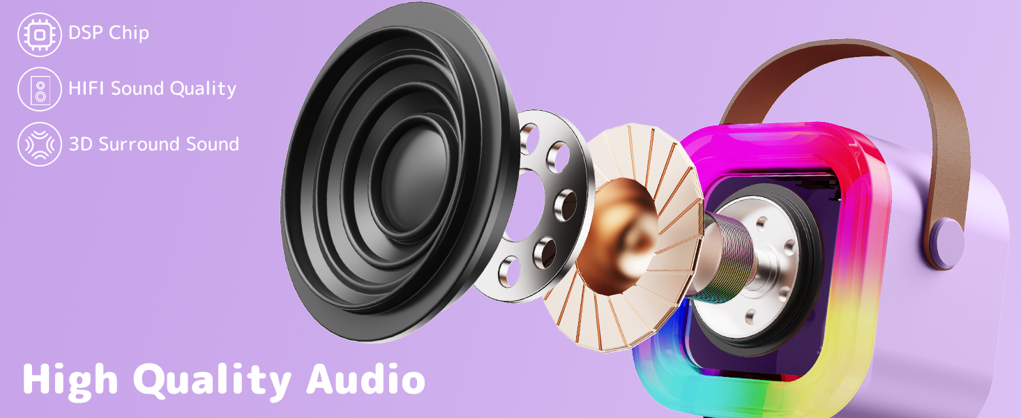 Text reads 'High Quality Audio'. Exploded view of audio speaker components including drivers, housing, and pink and black parts against purple gradient background.