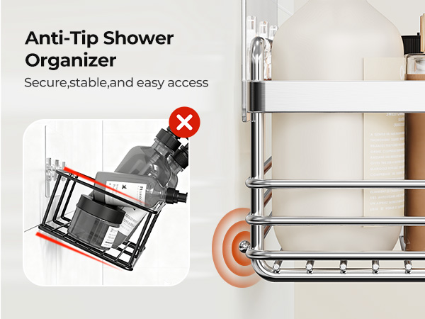 No Drilling Wall Mount Adhesive Rust Proof Stainless Steel Shower Organizer with Hooks for Bathroom