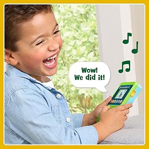 Game says, Wow! We did it! Music plays as kid finishes his game and passes a level.