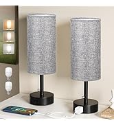 Fenmzee Grey Bedside Table Lamps Set of 2-3 Color Temperatures Pull Chain Lamp with AC Outlet Cha...
