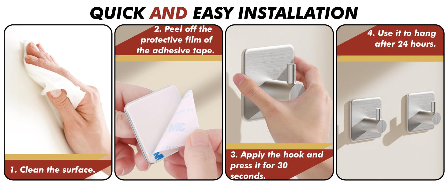 Quick no-drill installation: clean surface, peel film, press firmly, wait 24 hours before use