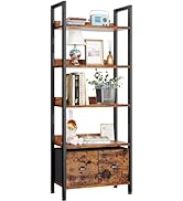 Furologee 5-Tier Bookshelf, Tall Bookcase with 2 Storage Drawers, Industrial Display Standing She...
