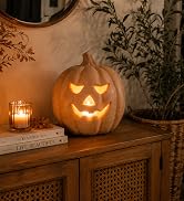 Fall Decor - Halloween Decorations - Handmade Terracotta Pumpkin Jack O' Lantern with Flameless C...