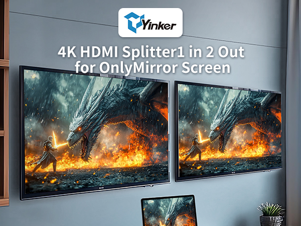 Text reads 'vMirror 4K HDMI Splitter 1 in 2 out for Only Mirror Screen'. Shows dual gaming displays featuring fiery battle scene graphics.