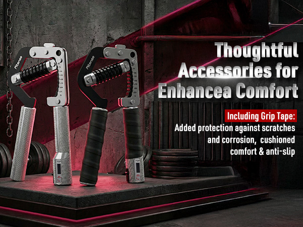 Text reads 'Thoughtful' and 'Accessories for Enhanced Comfort'. Dark background display featuring multiple product mounts or accessories arranged in a row.