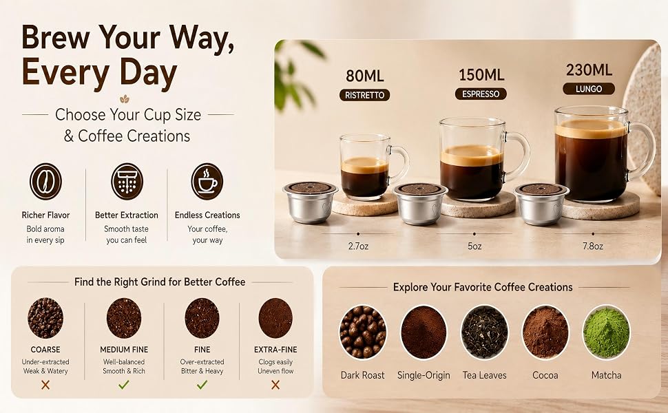 Find the right grind for better coffee and choose your cup size