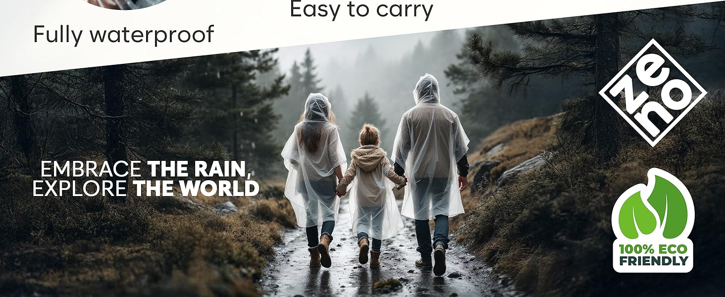 Three people in transparent raincoats walking on a wet path in foggy forest. Image showcases waterproof, eco-friendly rain gear for outdoor exploration.