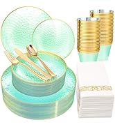 Rubtlamp 175 Pcs Green Plastic Plates Dinnerware Set (25 Guests), Hammered Plates Set, Green Plas...