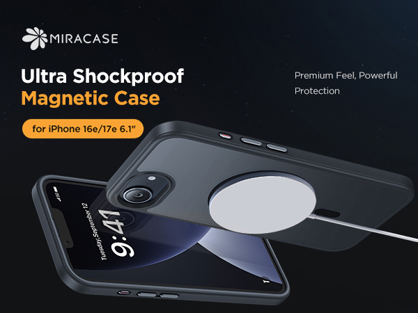 Text reads 'MIRACASE', 'Ultra Shockproof', 'Magnetic Case for iPhone 16s/17s X.Y'. Marketing images showing dark smartphone case with protective features.