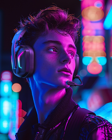 Gamer wearing pink/magenta gaming headphones in dimly lit setting with blue ambient lighting behind.